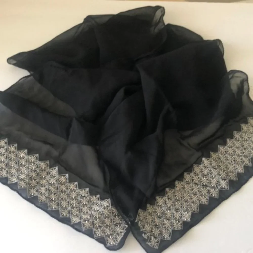 Scarf Black Sheer Wrap Beaded Ends New
